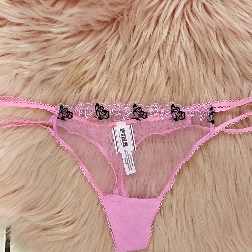 Brand New PINK VICTORIA'S SECRET FLORAL LACE MESH THONG PANTY-S
